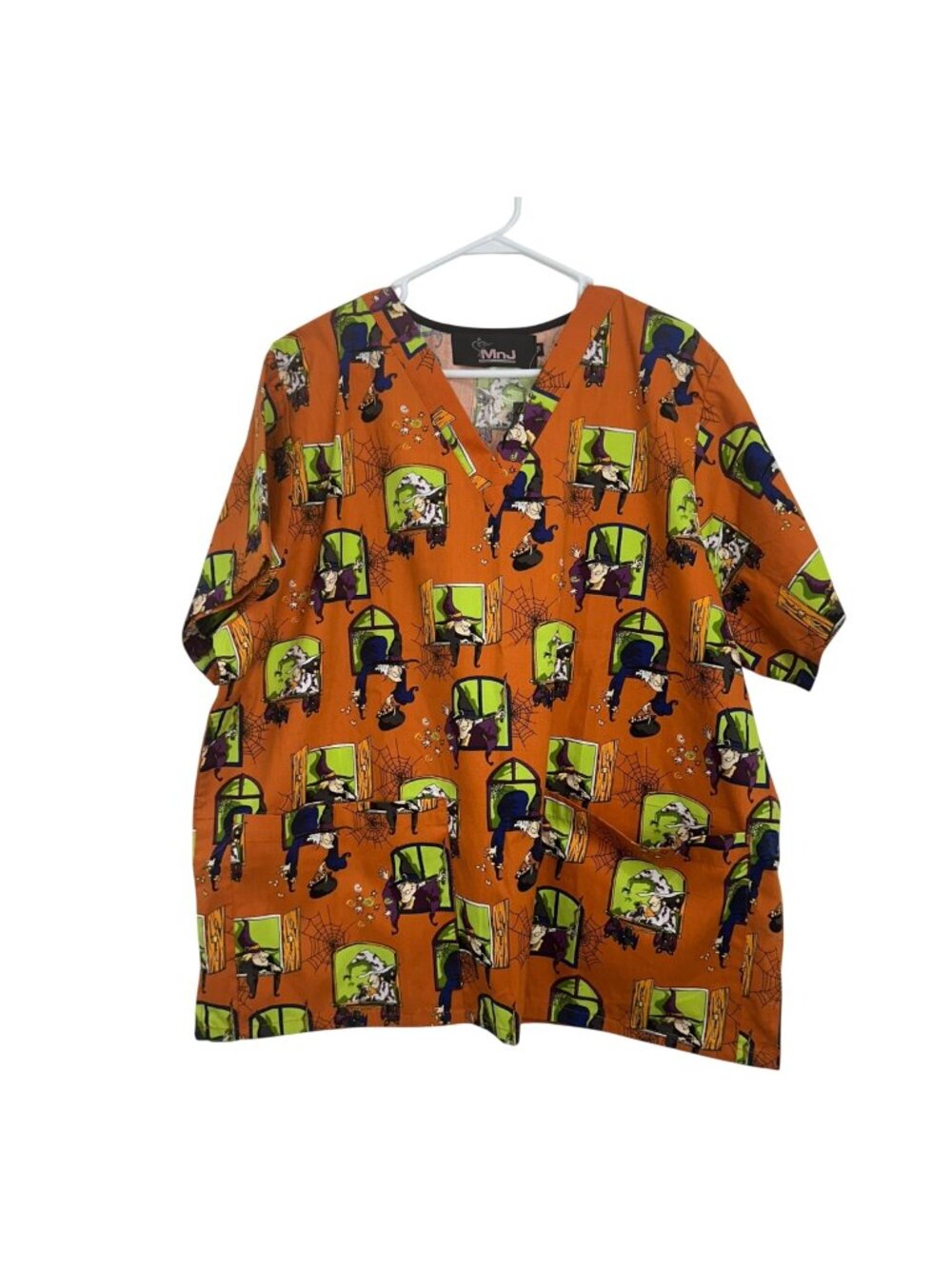 Halloween-Themed Orange Scrub Top With Witch & Spiderweb Print Size XL MnJ Brand